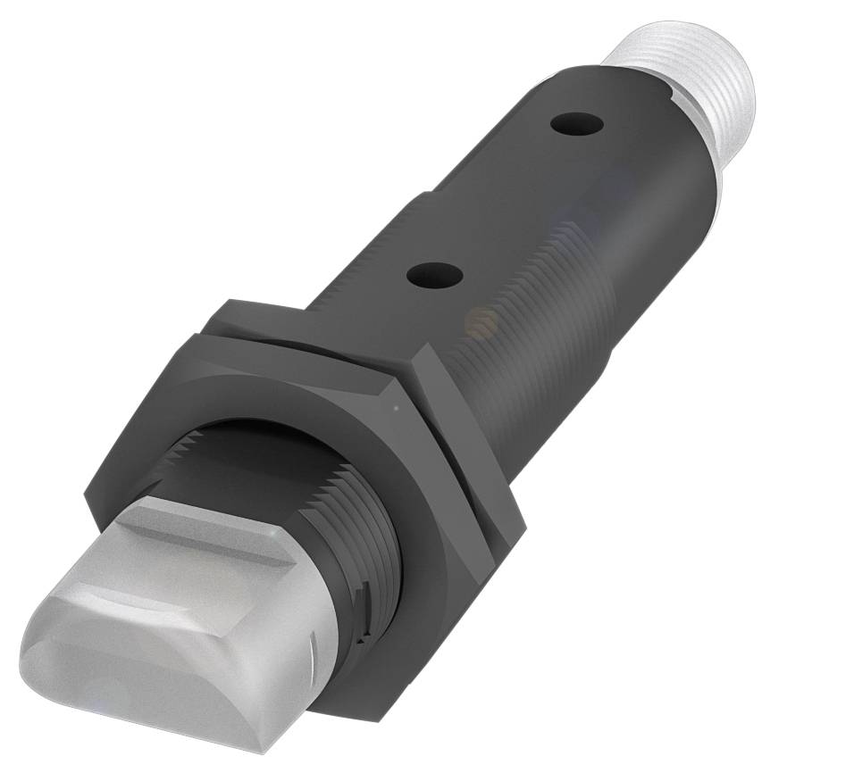 Ein zylindrischer Sensor mit großem Gewinde und rechteckigem, flachem Kopf. Der Sensor ist vorwiegend schwarz und aus Kunststoff.