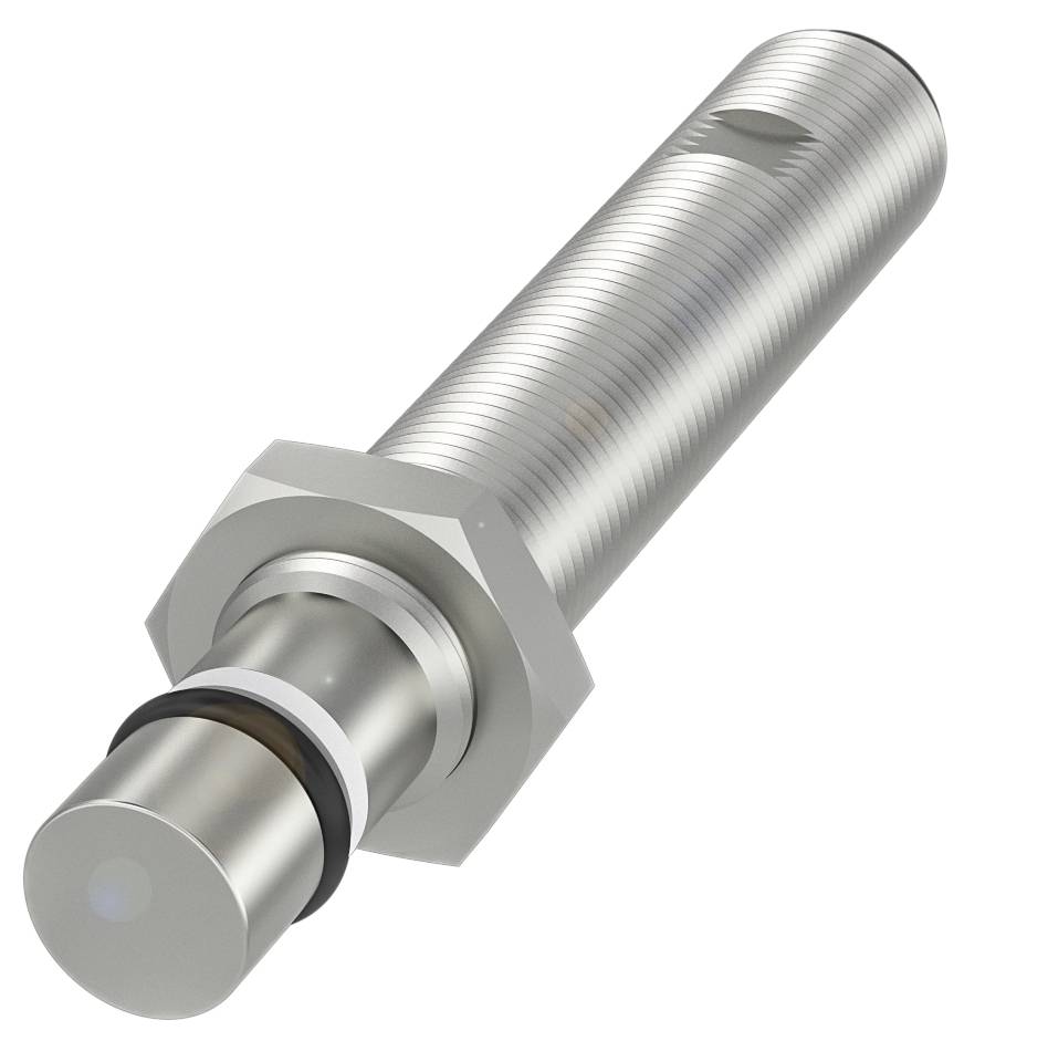 Zylindrischer Metallzylinder mit Gewinden, möglicherweise ein Sensorgehäuse, glänzende Oberfläche, zentrale Kerbe.