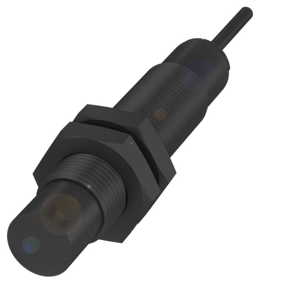 Ein schwarzer zylindrischer Sensor mit Gewinde und Kabel, typischerweise zur Abstands- oder Näherungserkennung verwendet.