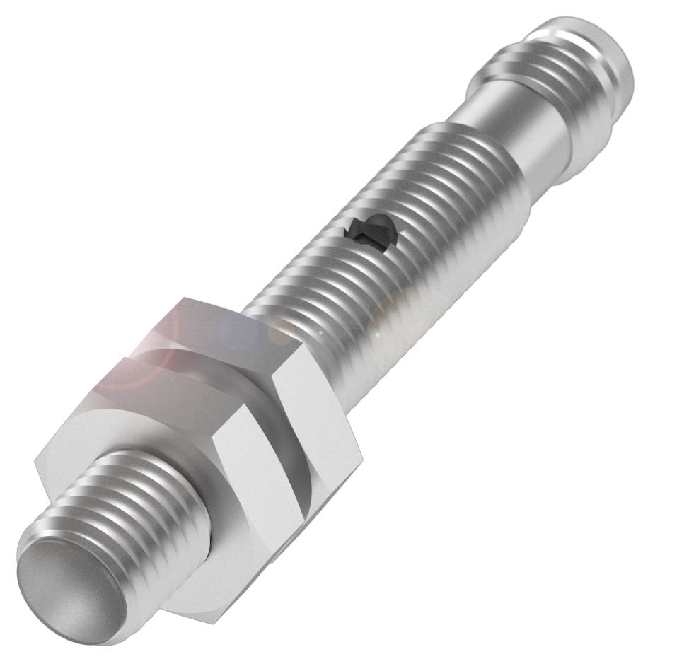 Ein silberner, zylindrischer Metallbolzen mit Schraubgewinde und Sechskantmutter in der Mitte, wahrscheinlich ein Verbindungselement.