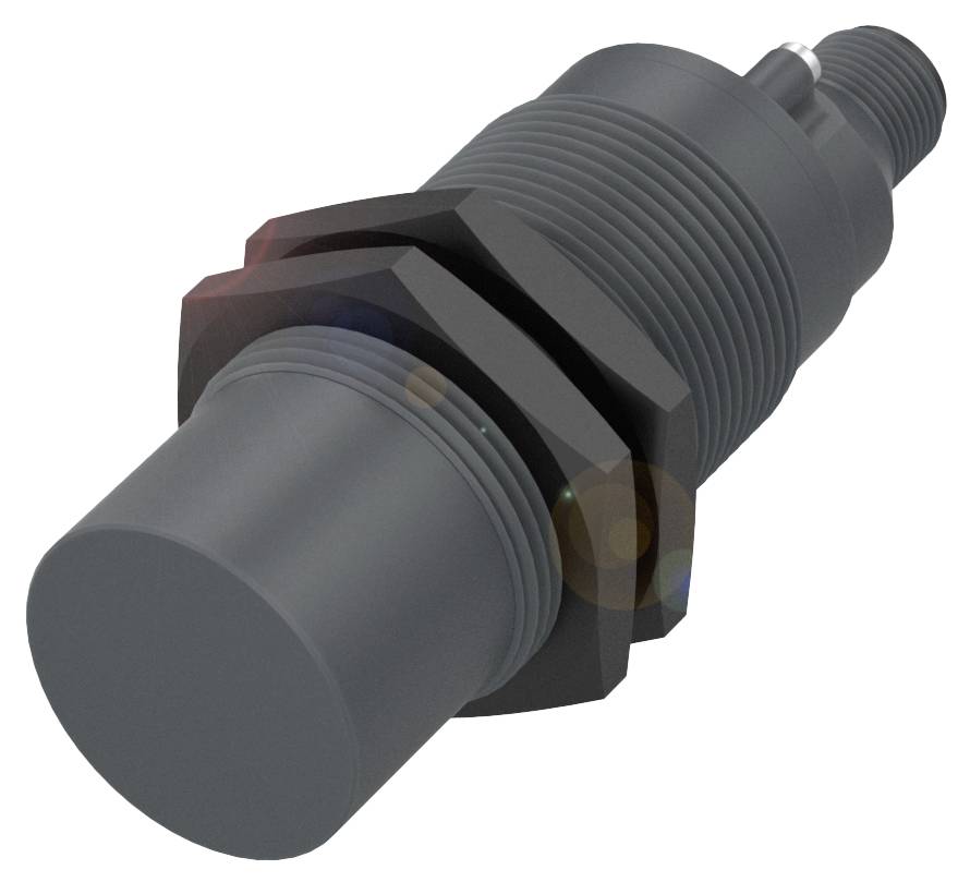 Zylindrischer Induktivsensor in Metallgehäuse, mit Gewinde zur Befestigung. Wird oft in der Automatisierungstechnik verwendet.