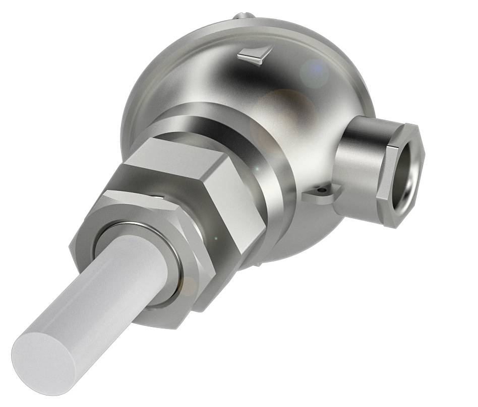 Ein metallischer Sensor mit zylindrischem Keramikstab und sechseckigem Anschluss, geeignet für industrielle Anwendungen.