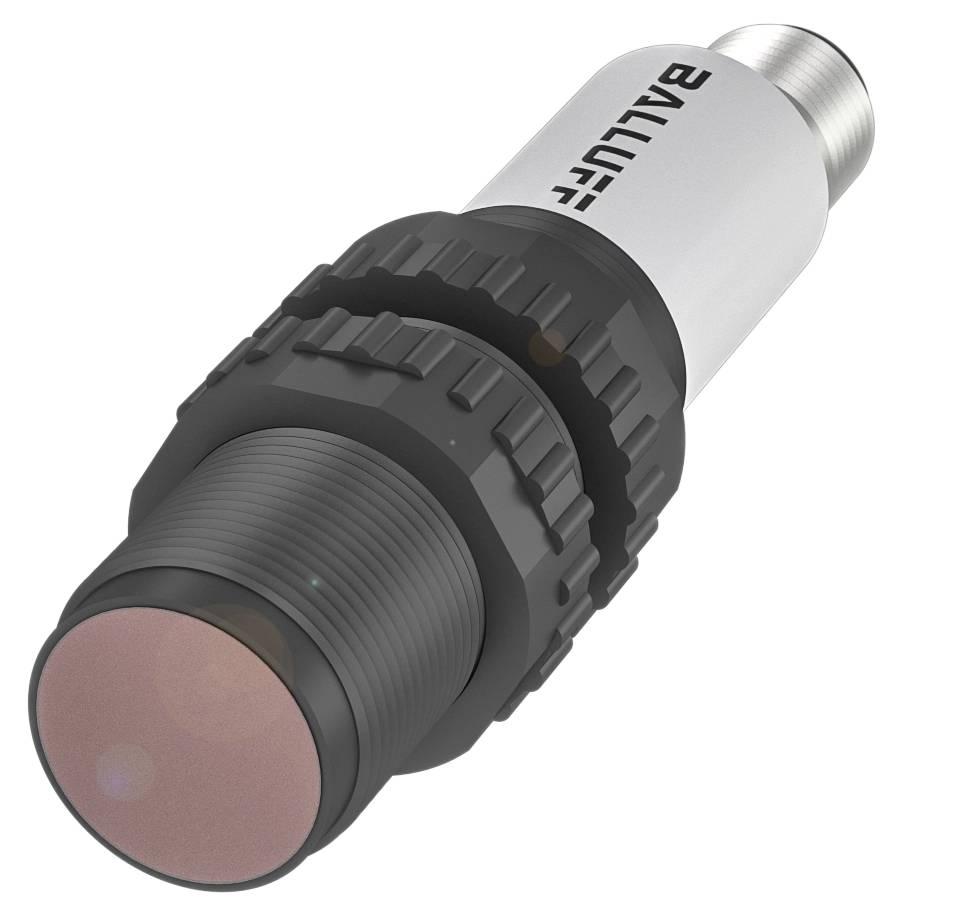 Ein zylindrischer Sensor mit Metallgehäuse und runder Vorderseite. Der Markenname ist seitlich sichtbar.