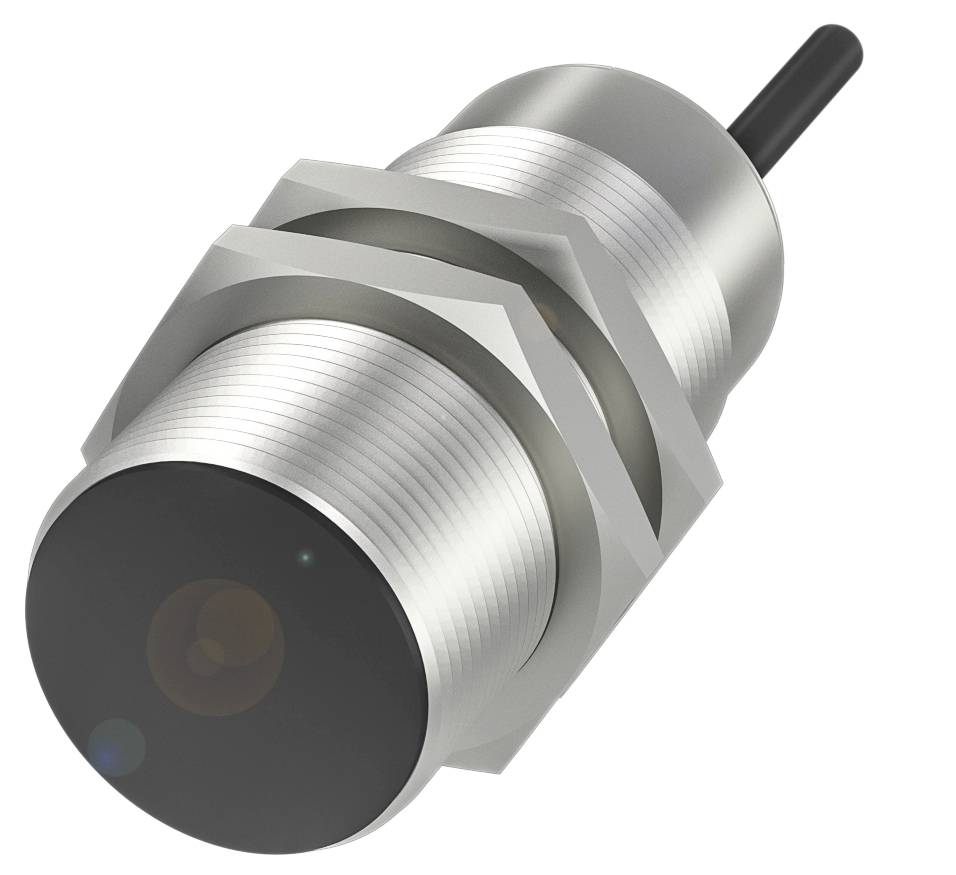 Zylinderförmiger Metall-Sensor mit Gewinde und Kabelanschluss, aus silberfarbenem Material, oft in industriellen Anwendungen genutzt.