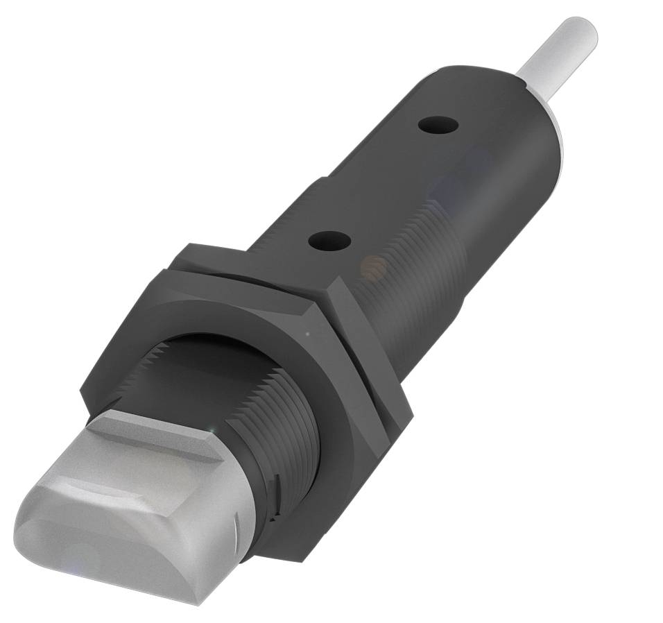 Ein schwarzer rechteckiger Sensor mit zylindrischem Gewindegehäuse und zwei Montagelöchern an den Seiten.