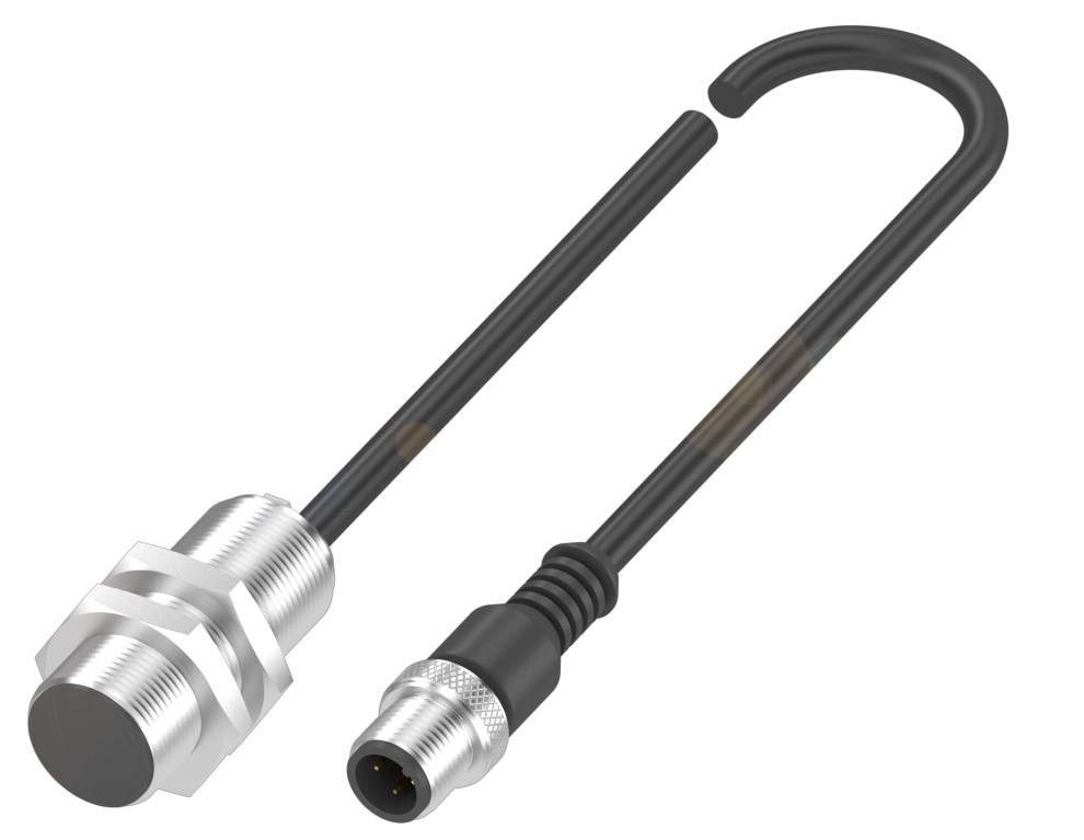 Zylindrischer Näherungssensor mit Kabel und Rundsteckeranschluss, geeignet für industrielle Automatisierungsanwendungen.