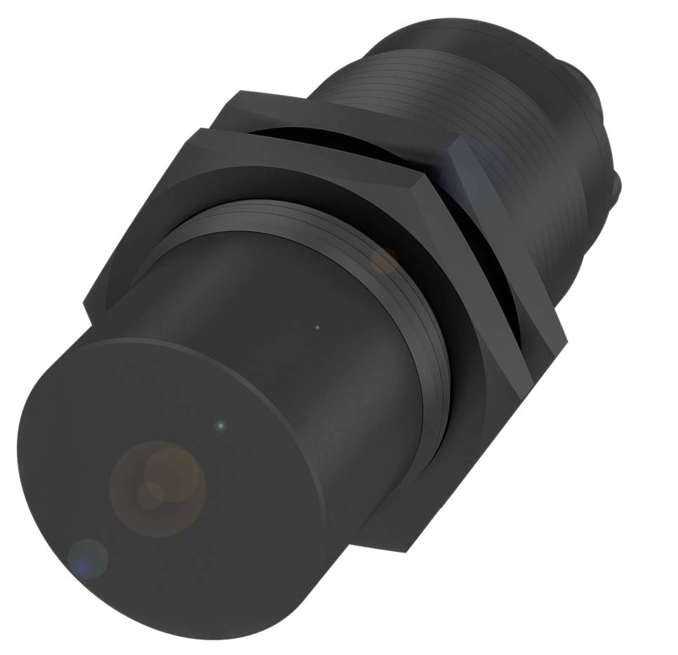 Schwarzer zylindrischer Sensor mit Gewinde und sechseckiger Mutter, geeignet zur Befestigung in technischen Anwendungen.