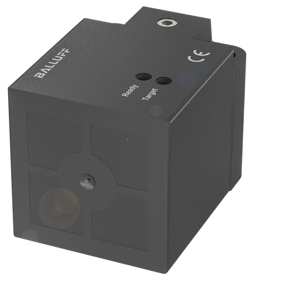 Schwarzer Balluff-Sensor mit Aufdruck: 'Ready', 'Target'. Rechtwinklige Form mit Schraubenöffnungen und markantem Muster auf der Front.