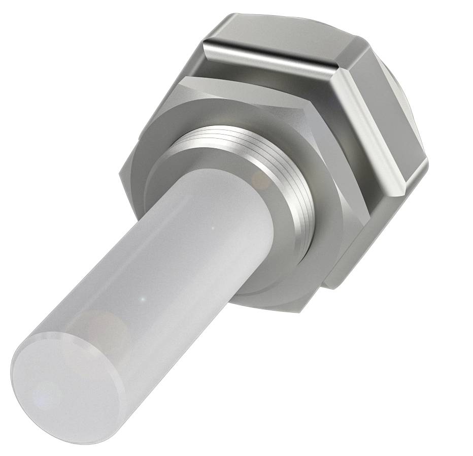 Eine silberne, metallische Schraube mit sechseckigem Kopf und langem Gewinde ragt schräg nach oben. Geeignet zur Befestigung.