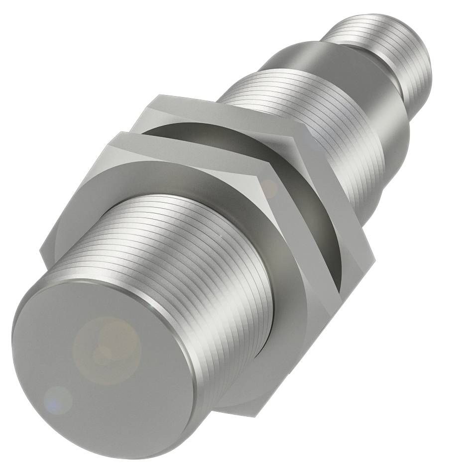 Ein zylindrischer, metallischer Sensor mit Schraubengewinde und Sechskantmutter, möglicherweise ein Näherungssensor.