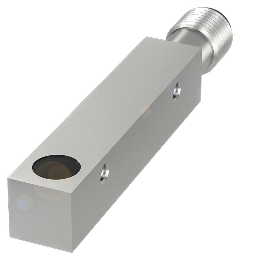 Metallsensor mit rechteckigem Gehäuse und runder Linse, geeignet für industrielle Anwendungen.