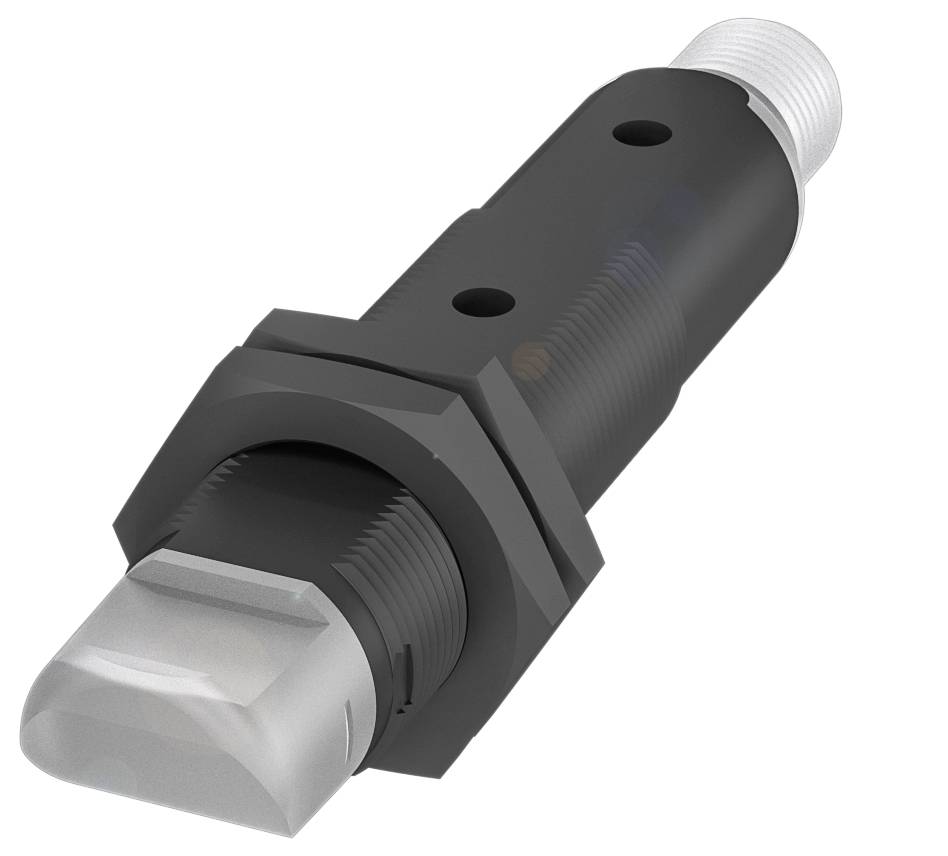 Ein rechteckiger induktiver Sensor mit schwarzem Gehäuse und Metallgewinde. Er ist zylindrisch, hat eine abgeflachte Spitze und zwei Befestigungslöcher.