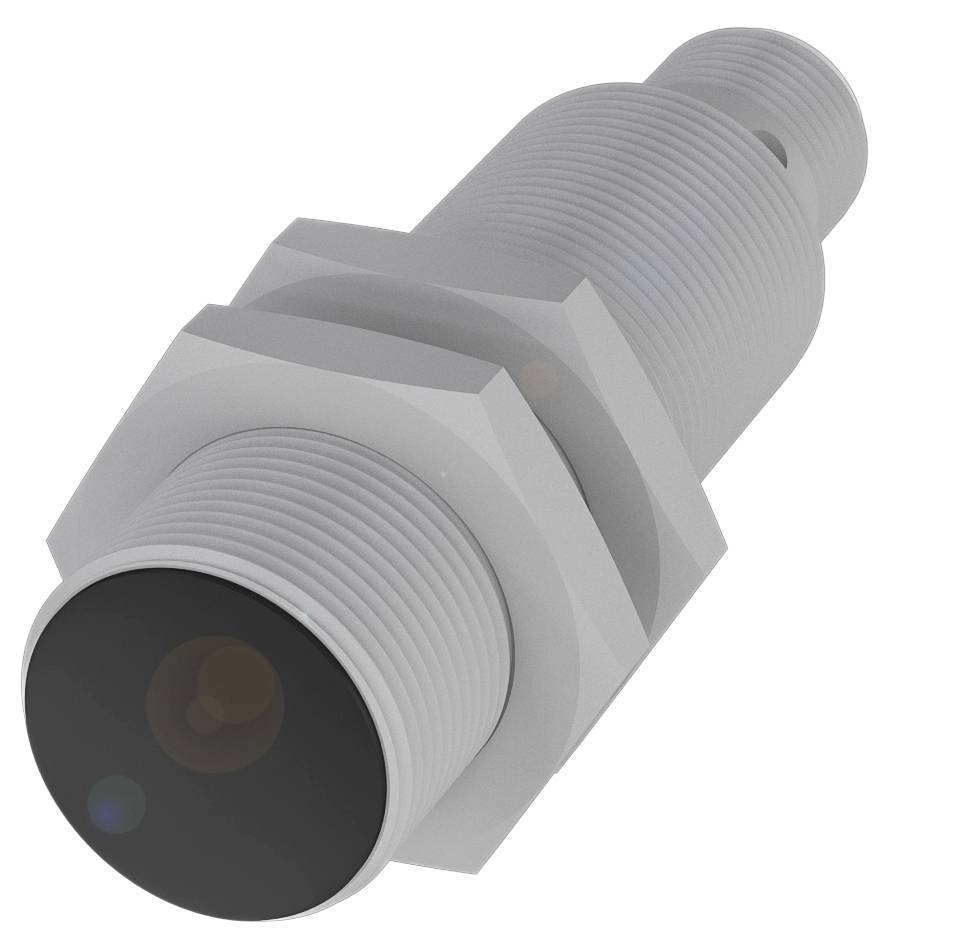 Ein zylindrischer, grauer Induktivsensor mit Gewinde und schwarzer Vorderseite vor weißem Hintergrund.