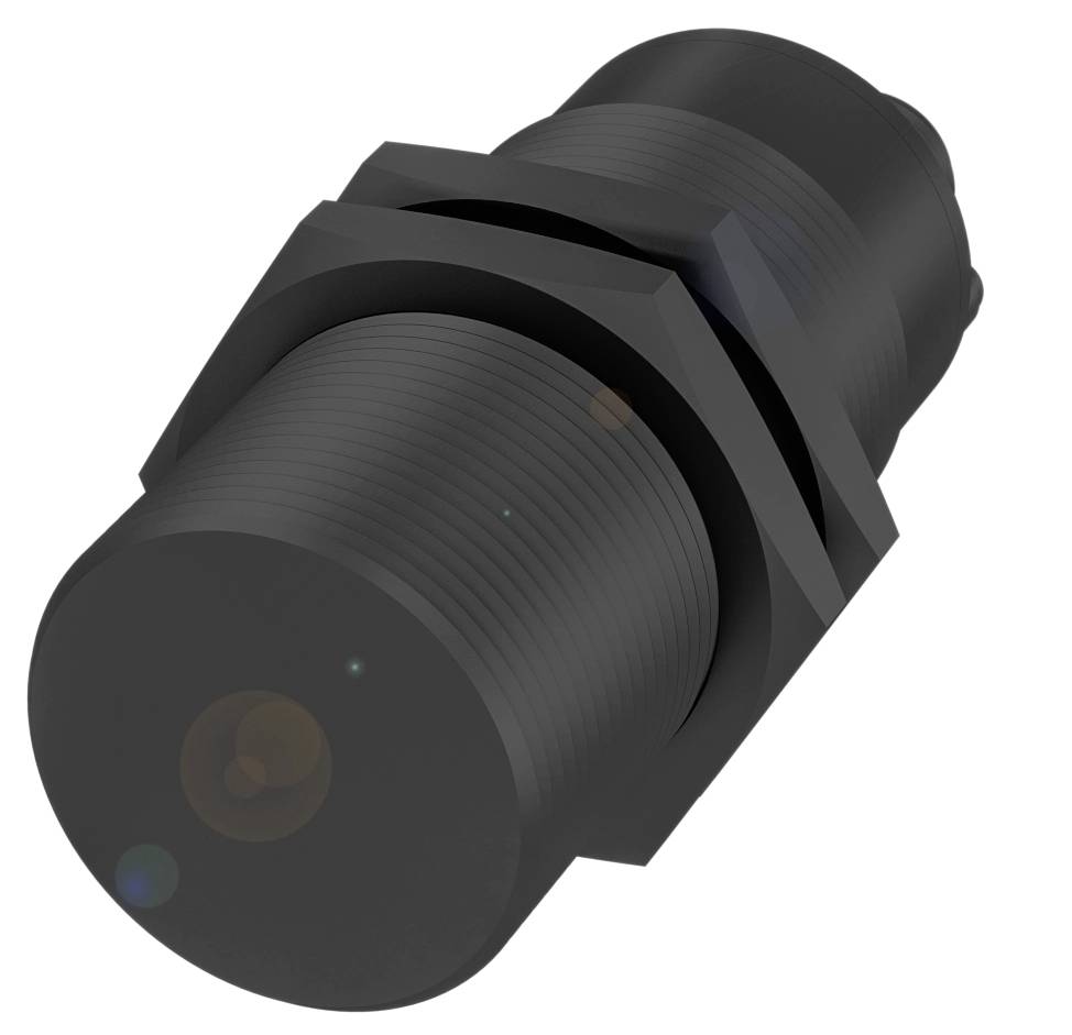 Ein schwarzer zylindrischer Sensor mit Gewinde, geeignet zur präzisen Detektion in industriellen Anwendungen.