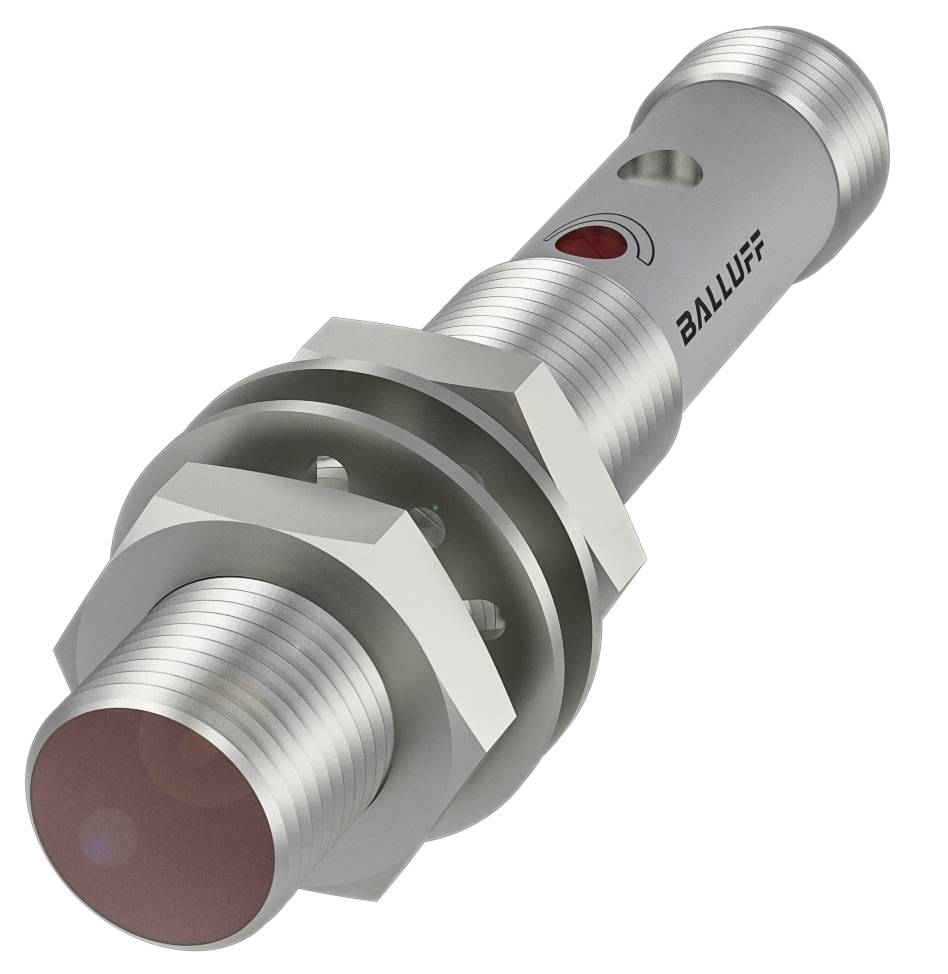 Ein zylindrischer Sensor von Balluff mit Gewinde und rotem Indikator, verwendet in industriellen Anwendungen zur Objekterkennung.