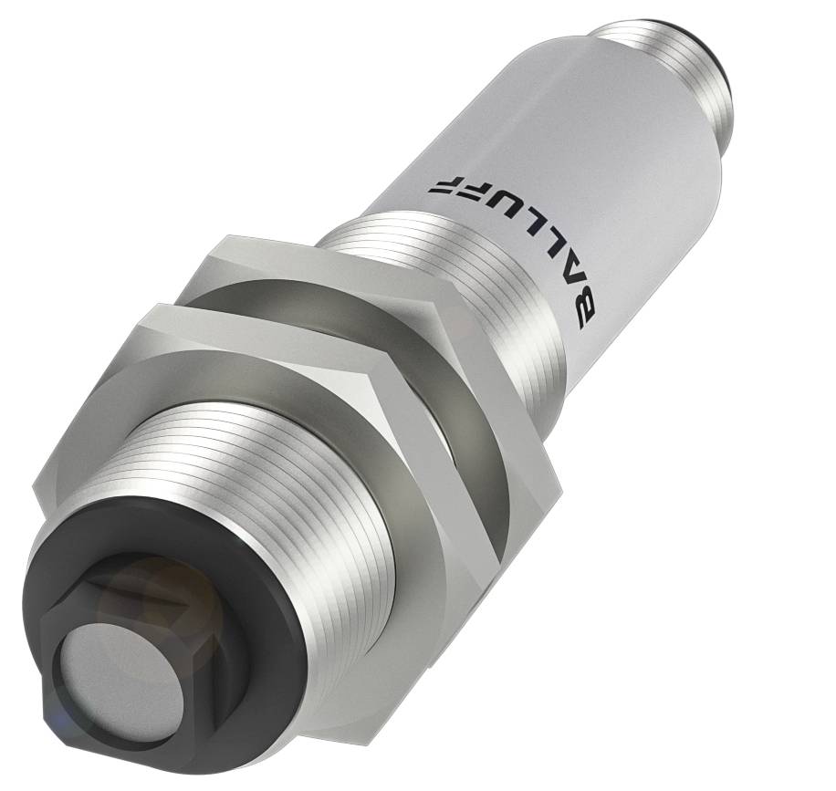 Ein zylindrischer Sensor mit metallischem Gehäuse und schwarzer Schutzkappe; auf dem Gehäuse steht 'BALLUFF'.