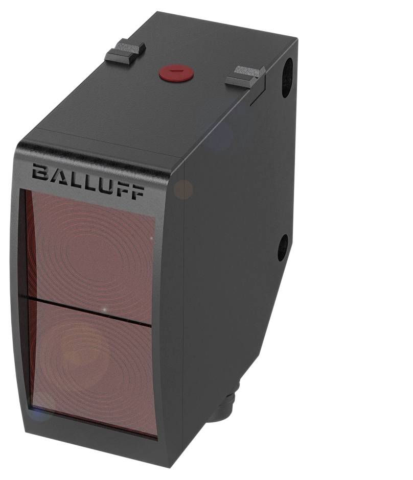 Ein rechteckiger, schwarzer Sensor mit roter Linse und Aufschrift 'BALLUFF'. Der Sensor hat einen runden, roten Knopf auf der Oberseite.