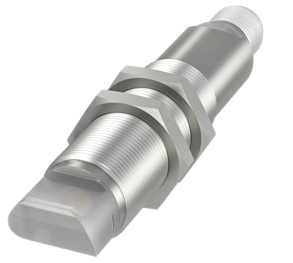 Metallsensor in zylindrischer Form mit Schraubgewinde und zwei Muttern, geeignet für industrielle Anwendungen.