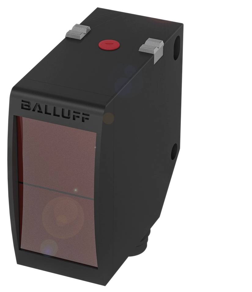 Ein rechteckiger, schwarzer Optosensor von Balluff mit rotem Fenster und rotem Knopf, verwendet zur Erkennung oder Messung von Objekten.
