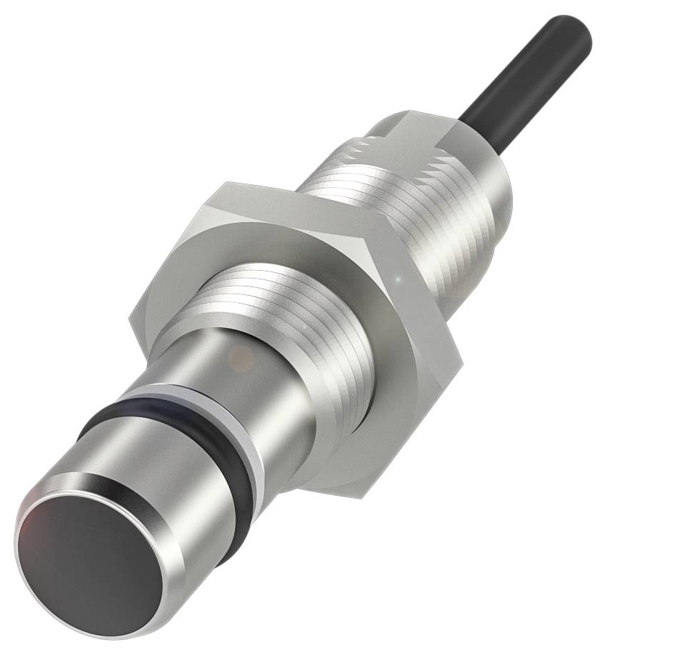 Ein zylindrischer, metallischer Näherungssensor mit Kabel, verwendet zur Erkennung von Objekten ohne physischen Kontakt.