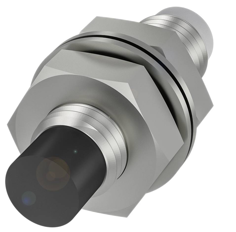 Ein zylindrischer Sensor mit metallischem Gehäuse und schwarzem Kunststoffkopf, typisches Design für Näherungssensoren in industriellen Anwendungen.