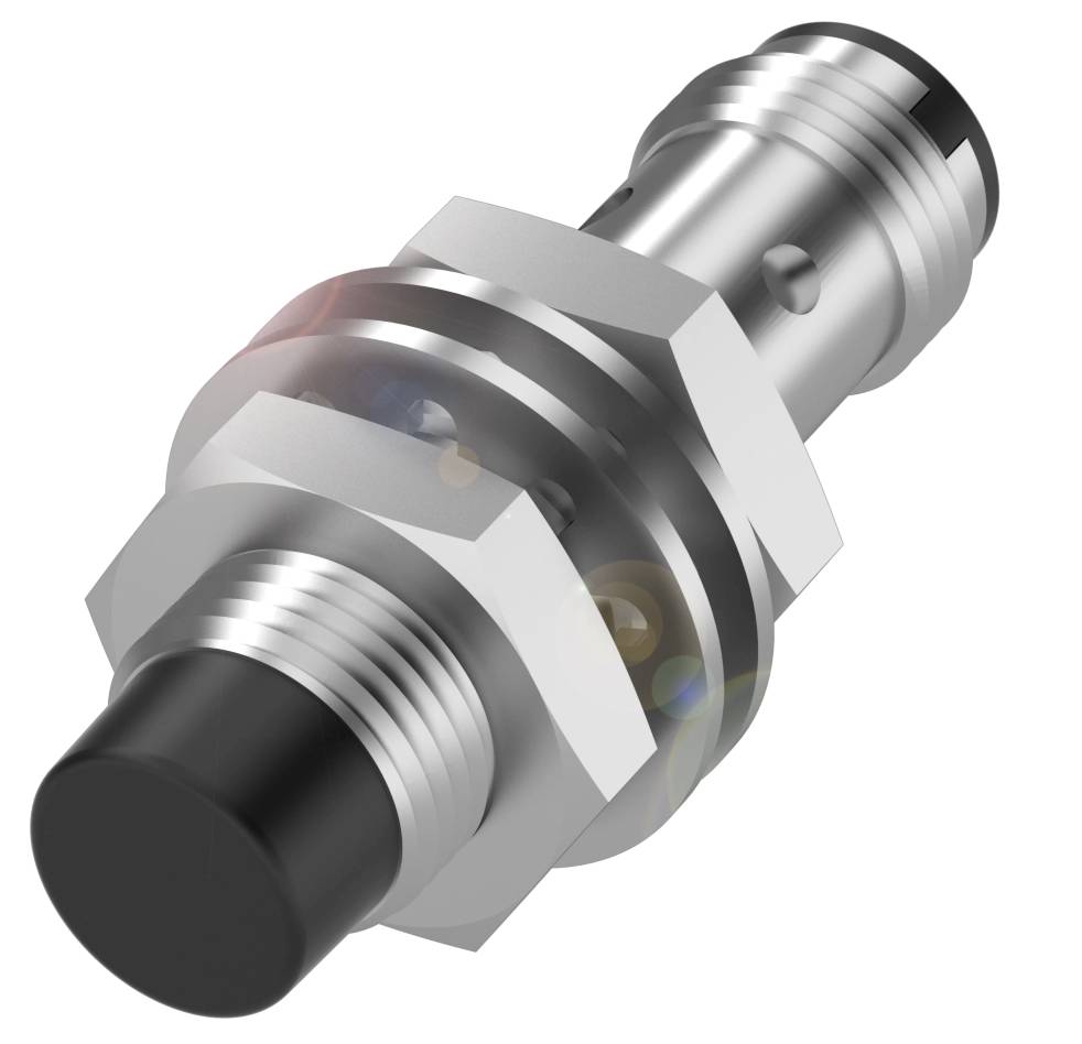 Zylindrischer Metallkegel mit schwarzer Spitze und Gewinde, möglicherweise ein maschinelles Bauteil oder Sensor.