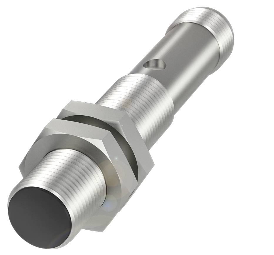 Ein zylindrischer, metallischer Maschinenteil mit Gewinde und zwei hervorstehenden Rändern.