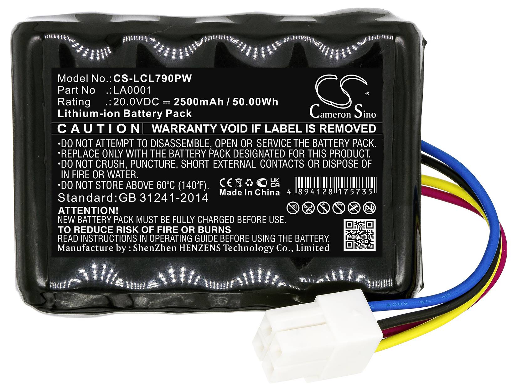 Lithium-Ionen-Akku mit Spannungsangabe 20,0 VDC und Kapazität 2500 mAh / 50,00 Wh. Warnhinweise zur Sicherheit sind aufgeführt.