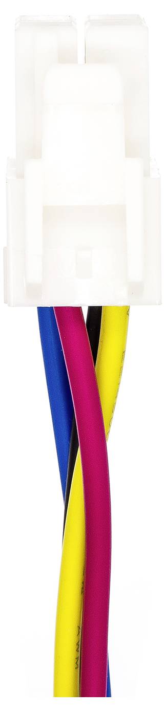 Ein weißer Kunststoffstecker mit vier farbigen Kabeln: rot, gelb, blau und schwarz. Die Kabel sind parallel angeordnet.