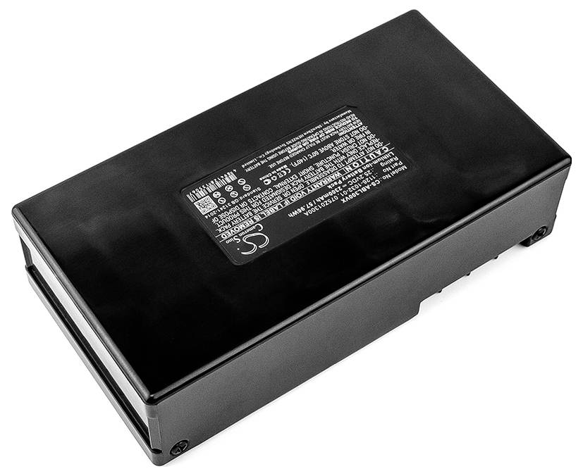 Schwarzes Elektronikgerät, möglicherweise ein Ladegerät oder Netzteil, mit einem Etikett mit technischen Spezifikationen auf der Oberseite.