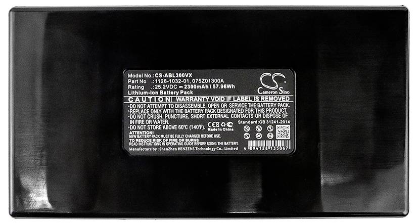 Schwarzer Lithium-Ionen-Akku mit weißem Etikett, darauf technische Daten wie Modellnummer 'CS-ABL300VX', und Warnhinweise.