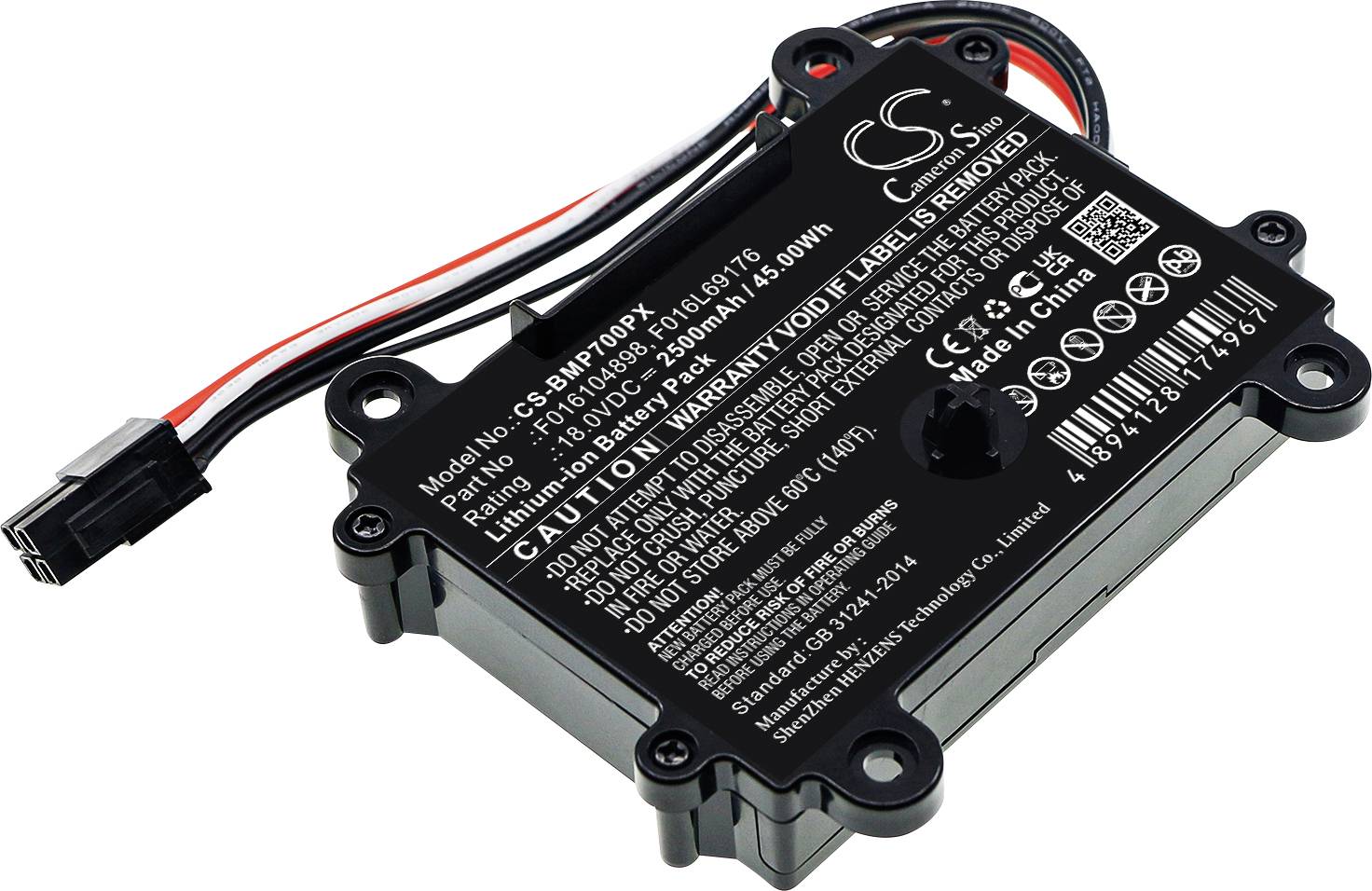 Ein rechteckiges elektronisches Gerät mit mehreren Kabeln und einem schwarzen Gehäuse. Aufschrift enthält technische Spezifikationen und Warnhinweise.