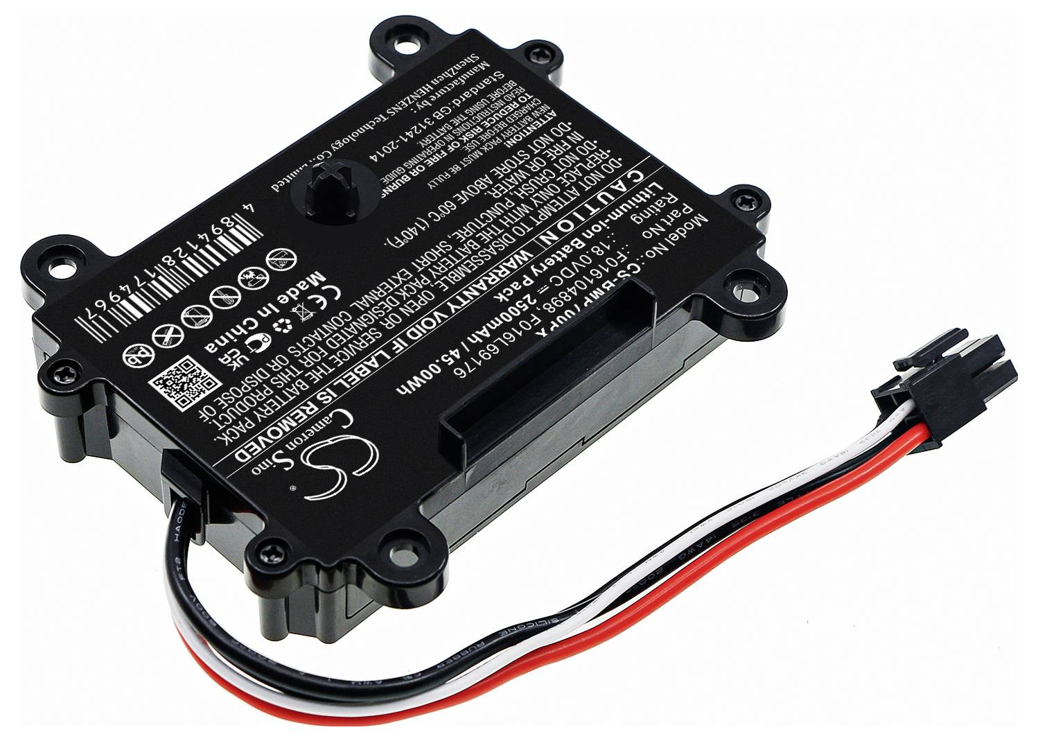 Elektronisches Bauteil mit Kabelanschlüssen, schwarzem Gehäuse und weißem Textaufdruck mit technischen Spezifikationen; dient der Stromversorgung.