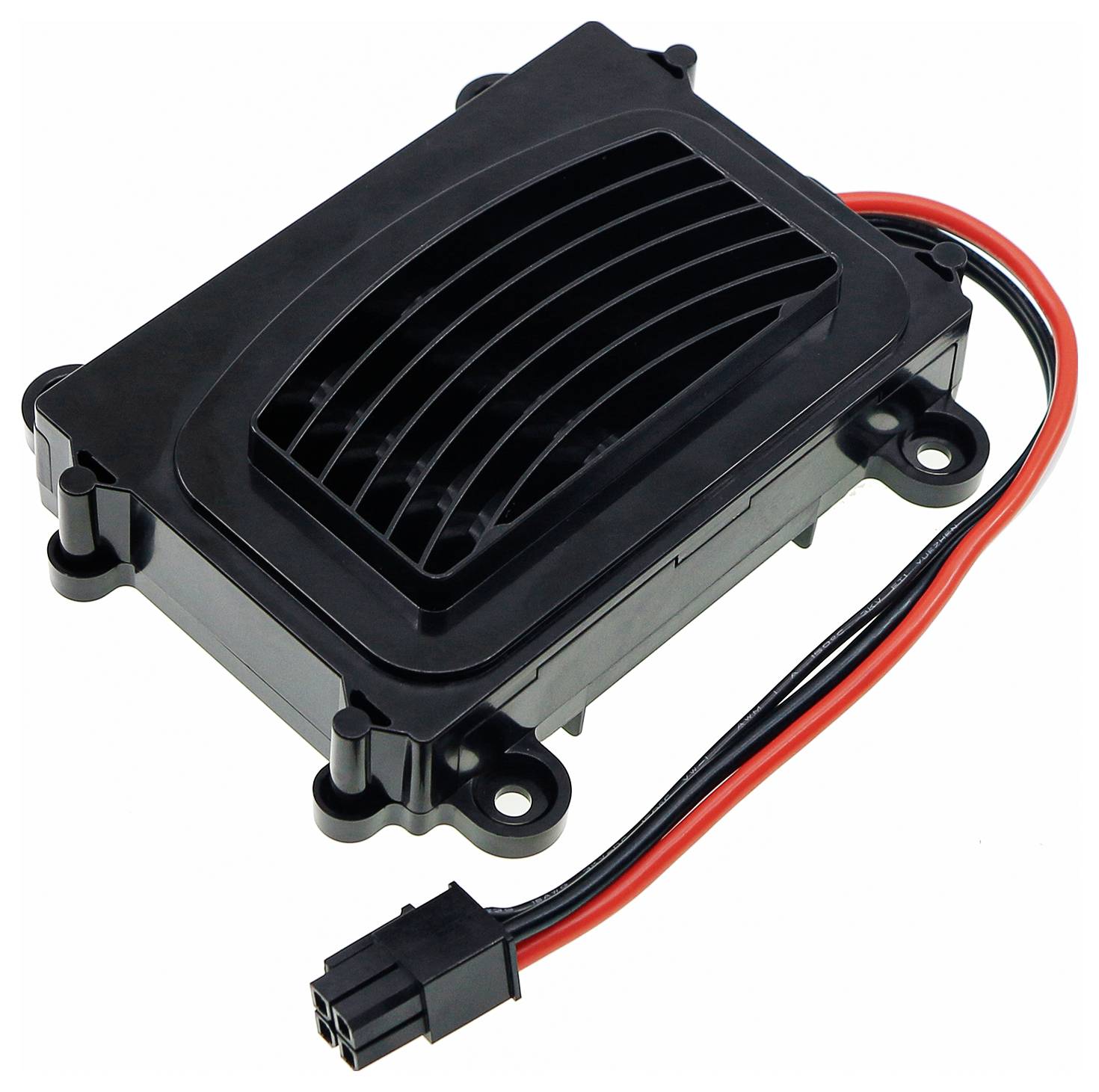 Schwarzes elektronisches Bauteil mit Lüftungsgittern und zwei angeschlossenen Kabeln, vermutlich ein Lüfter oder Steuergerät.