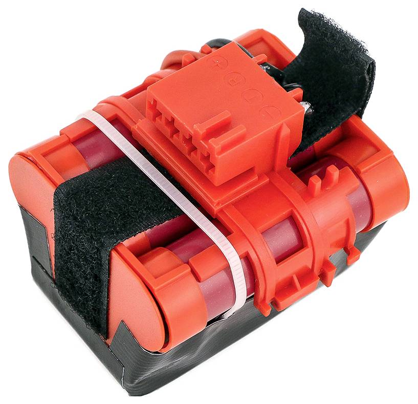 Rote, zylindrische Batterieeinheit mit schwarzer, samtartiger Schlaufe umwickelt, zeigt Anschlüsse an der Oberseite.