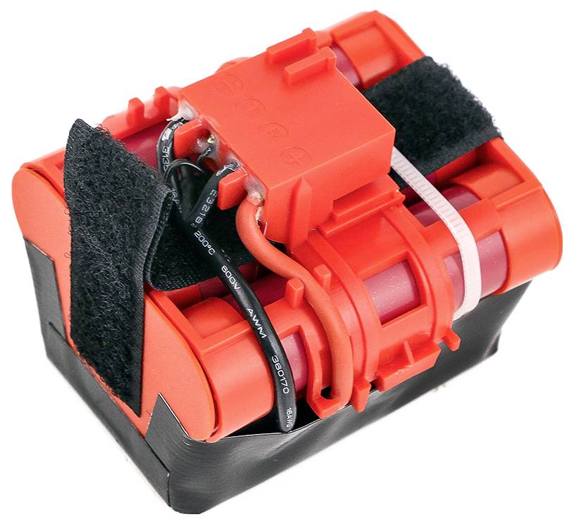 Rotes, rechteckiges Akkupack mit Klettbändern zur Befestigung und Kabeln zur Stromverbindung. Geeignet für tragbare Geräte.