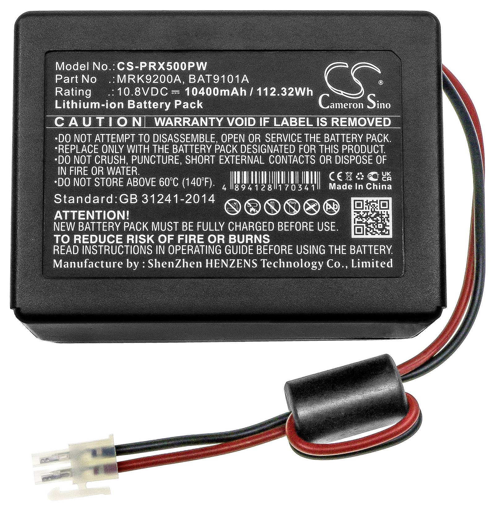 Lithium-Ionen-Akku 10,8V 10400mAh. Warnhinweise: Vorsicht beim Einsetzen, Batterie nicht zerlegen. Garantie erlischt bei Etikettenentfernung.