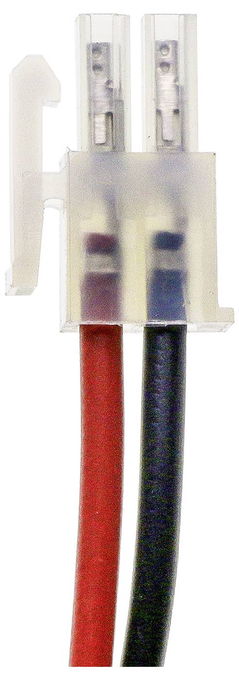 Zweiadriger Steckverbinder mit einem roten und einem schwarzen Kabel in einem transparenten Kunststoffgehäuse.