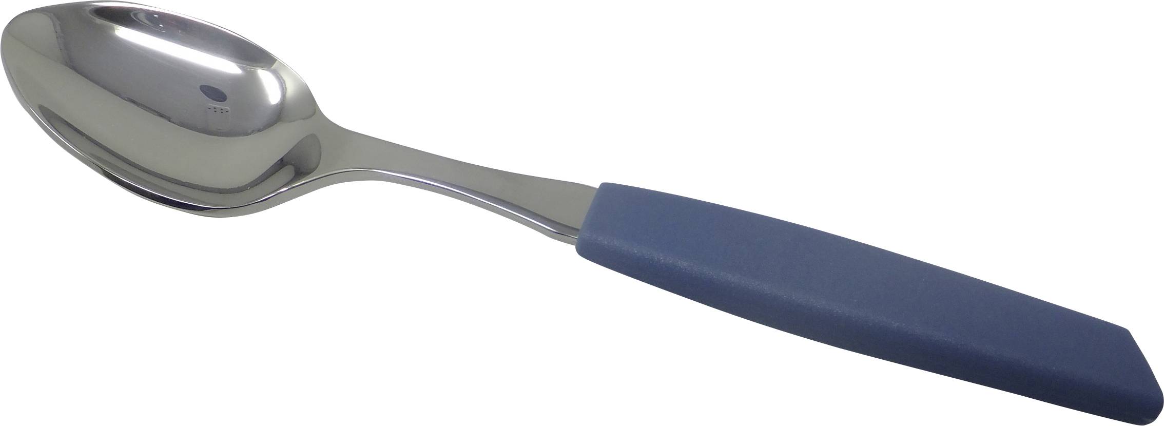 Ein Löffel aus Edelstahl mit blauem Kunststoffgriff, konzipiert für den täglichen Gebrauch.