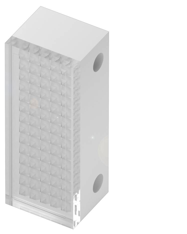 Ein rechteckiger, transparenter Kunststoffblock mit einem gitterartigen Muster im Inneren. Die Seiten sind undurchsichtig.