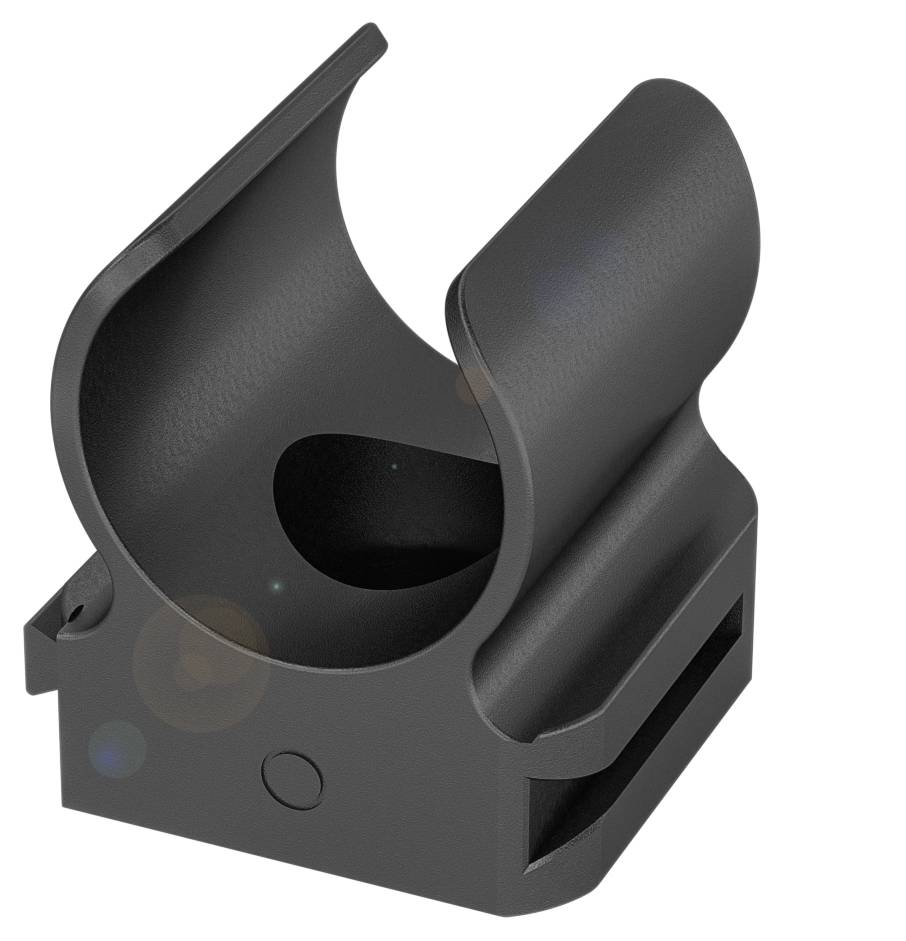 Eine schwarze, gebogene Halterung aus Kunststoff, geeignet zur Befestigung von Rohren oder ähnlichen Strukturen.