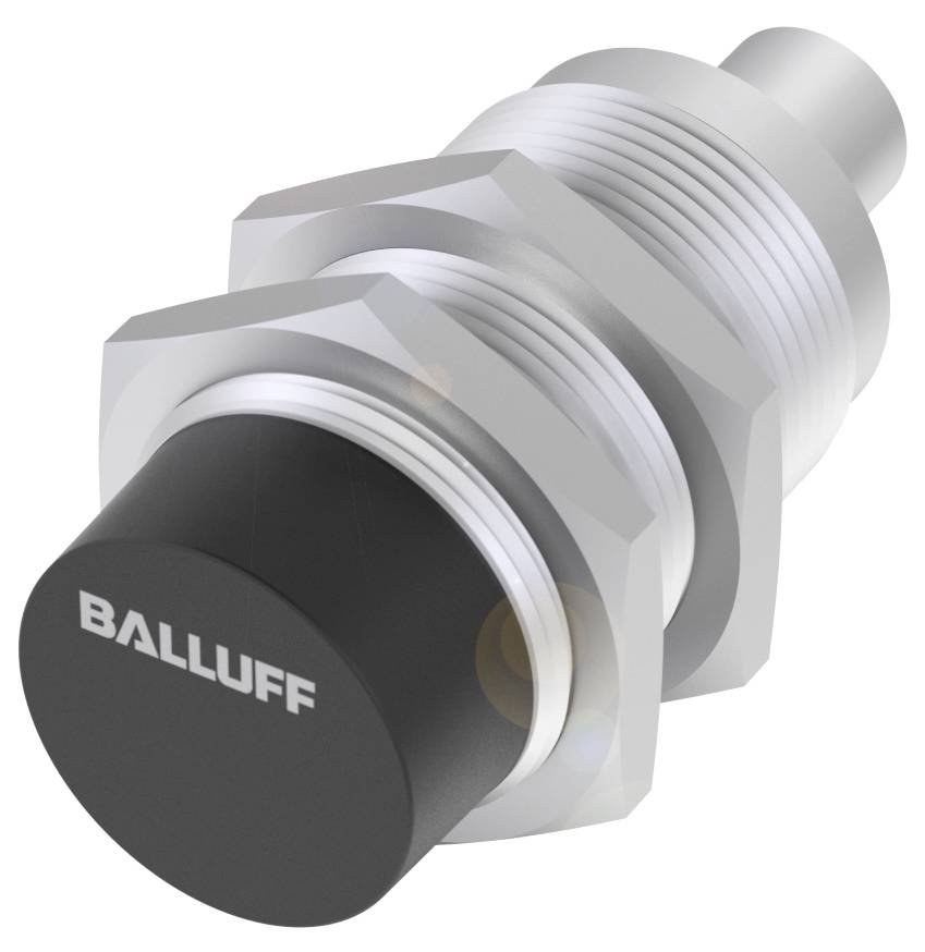 Ein zylindrischer Näherungssensor mit dem Markennamen 'Balluff', schwarzer Frontfläche und silbernem Gewinde zur Montage.