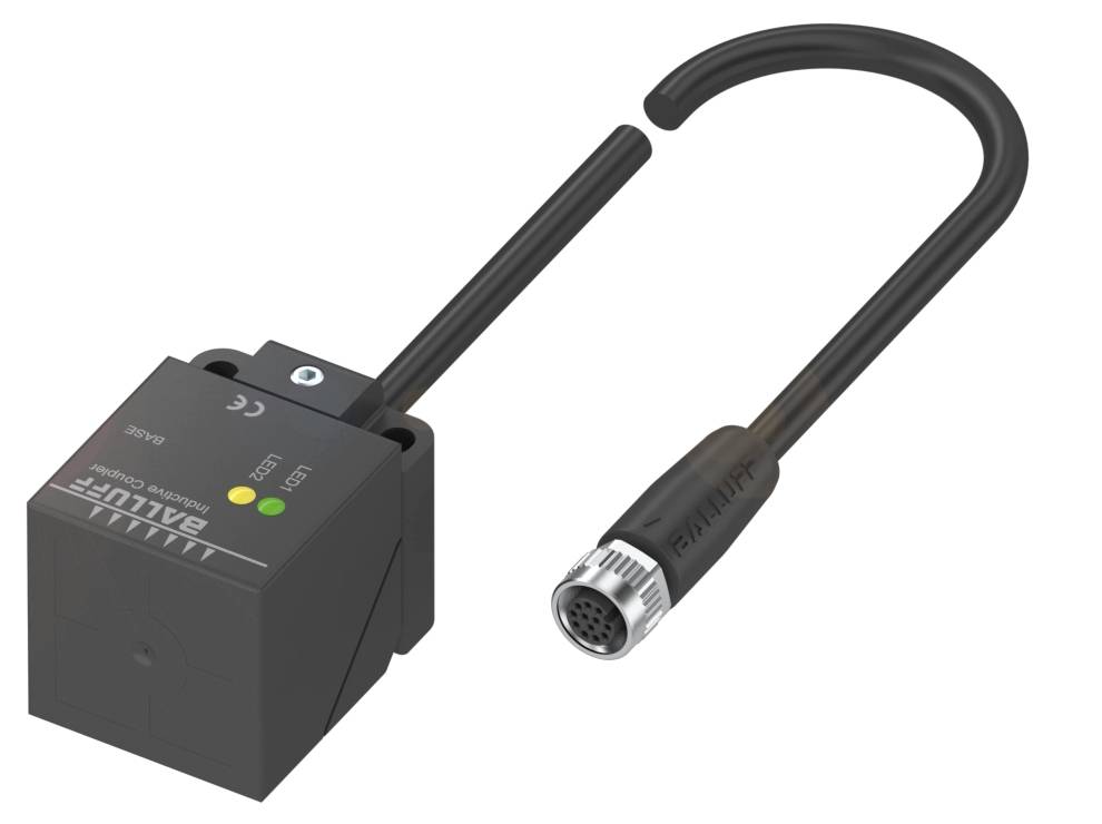 Ein rechteckiger schwarzer Sensor mit zwei LED-Anzeigen und einem angeschlossenen Kabel mit einem runden Steckverbinder.