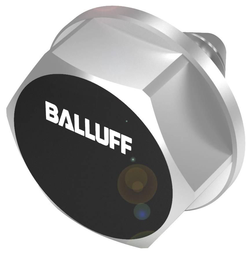 Ein runder Metall-Sensor von Balluff mit einer schwarzen Frontseite. Der Sensor ist anscheinend für industrielle Anwendungen gedacht.