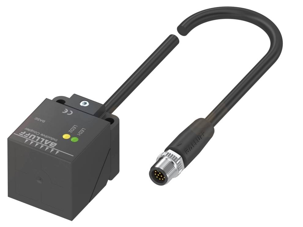 Ein rechteckiger Baumer-Sensor mit angebrachtem Kabel, geeignet für industrielle Anwendungen. Kabel endet in einem mehrpoligen Stecker.