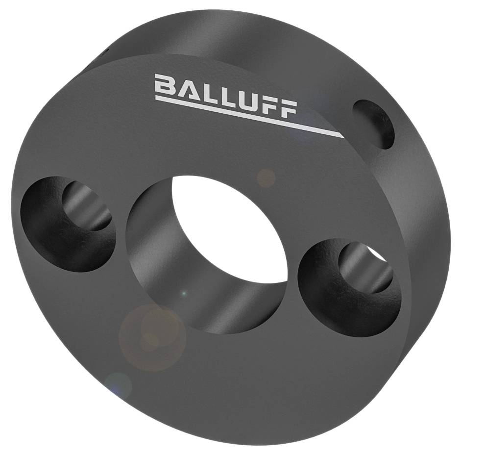 Schwarzes, rundes Metallteil mit drei Löchern und der Aufschrift 'BALLUFF'.