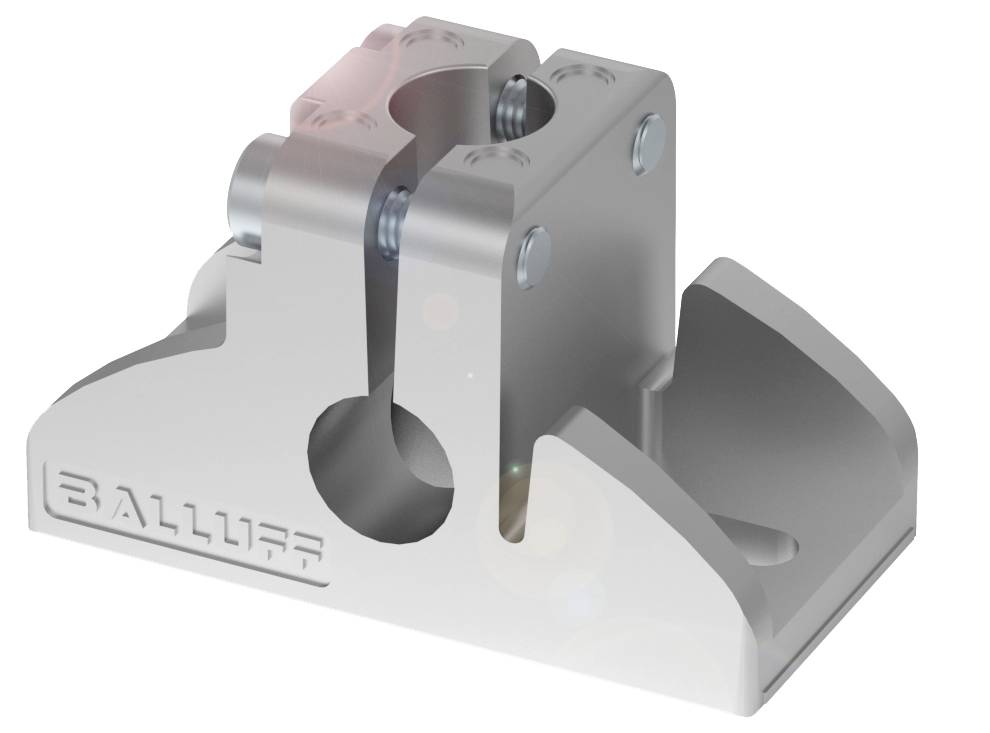 Metallische Halterung mit dem Schriftzug 'BALLUFF'. Dient wahrscheinlich zur Befestigung oder Stabilisierung von Maschinenkomponenten.