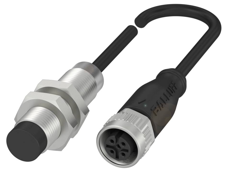 Zylinderförmiger Sensor mit Steckverbindung. Ein langes Kabel verbindet beides. Geeignet für industrielle Anwendungen.