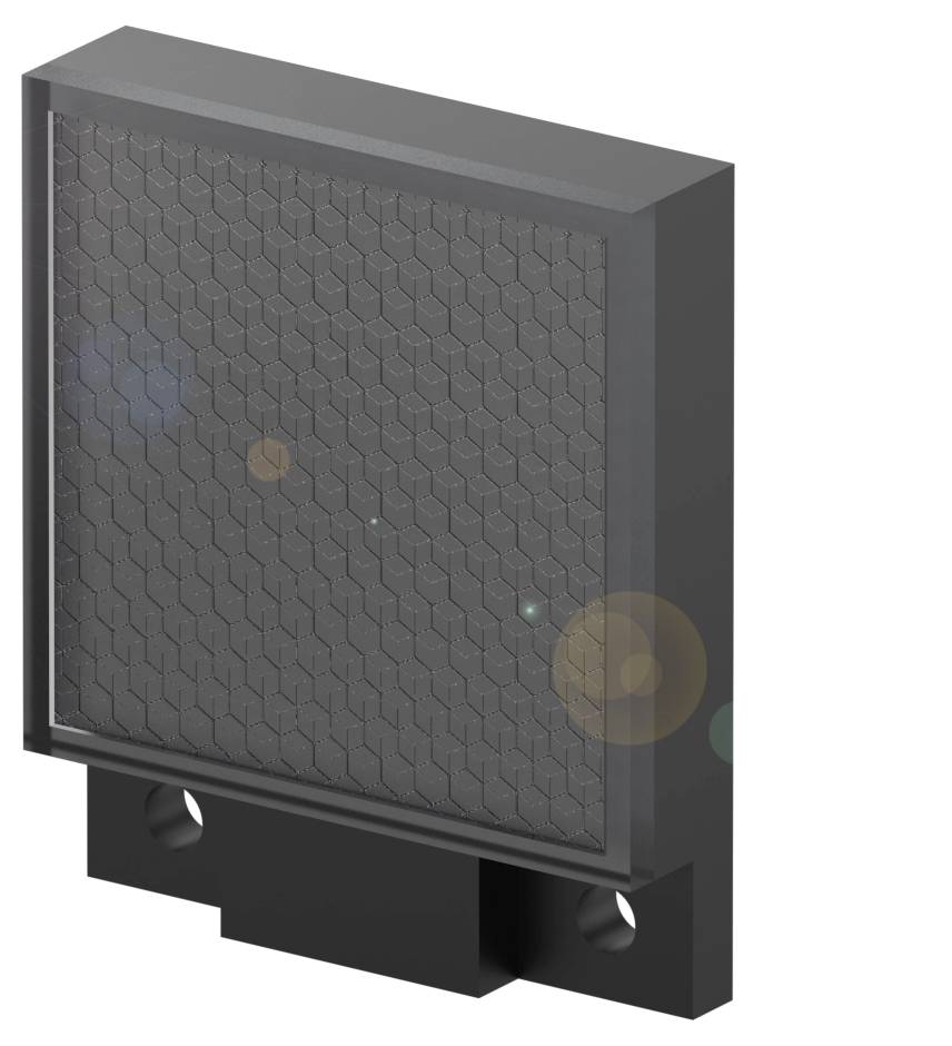 Ein rechteckiger, schwarzer Drahtgläserrahmen mit feinem Gitternetzmuster, montiert auf einer schwarzen Basis mit zwei Löchern.