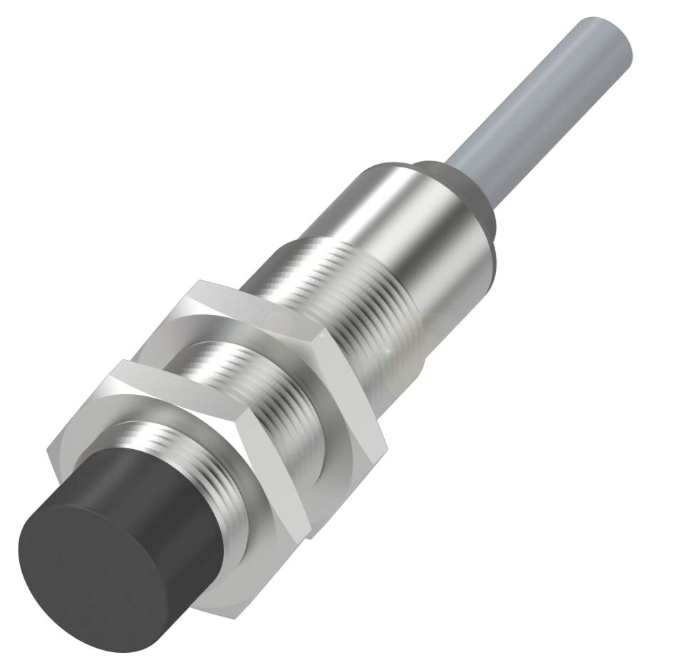 Ein zylindrischer Näherungssensor aus Metall mit zwei Sechskantmuttern und Kabelanschluss, meist für industrielle Anwendungen.